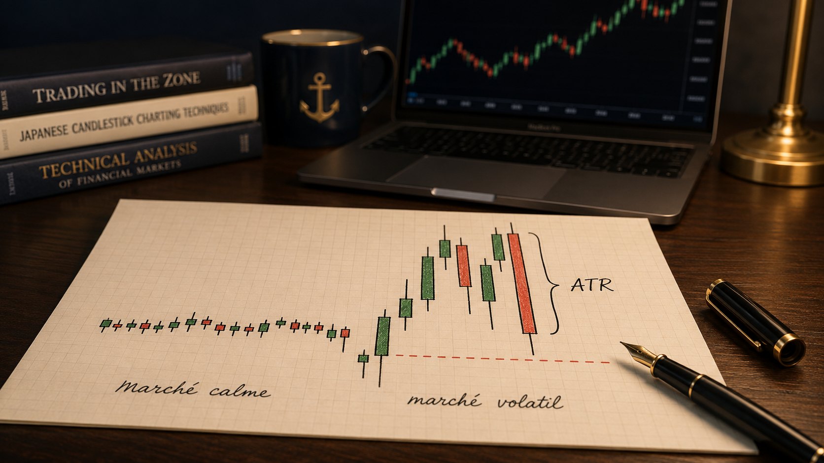 Schéma manuscrit de l'indicateur ATR et du vrai range sur papier quadrillé, illustrant la volatilité en trading