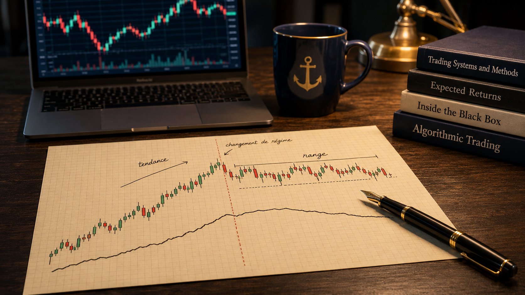 Bureau d'analyste avec une courbe de marché passant d'une phase de tendance à une phase sans direction, illustrant un changement de régime de marché