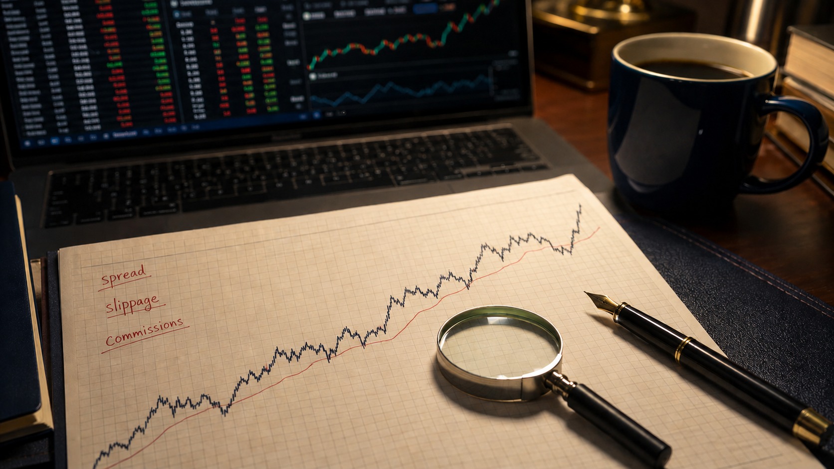 Bureau d'analyste avec une equity curve imprimee sur papier creme, annotee a l'encre rouge avec les mots spread, slippage et commissions, une loupe et un stylo plume poses dessus, ambiance professionnelle navy et creme