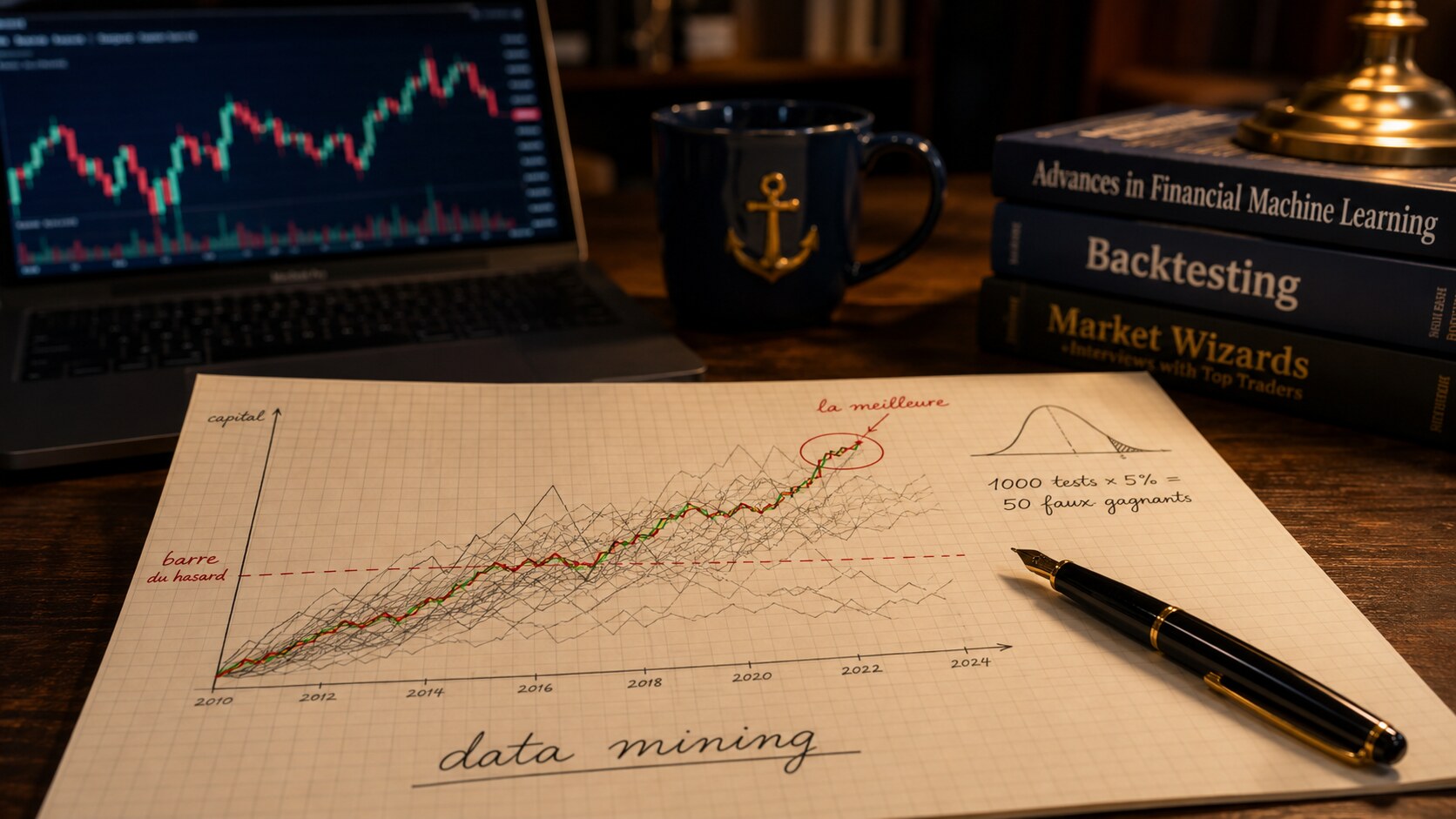 Feuille manuscrite avec de nombreuses courbes de capital, une surlignée comme la meilleure au-dessus d'une ligne pointillée, illustrant le piège du data mining en trading