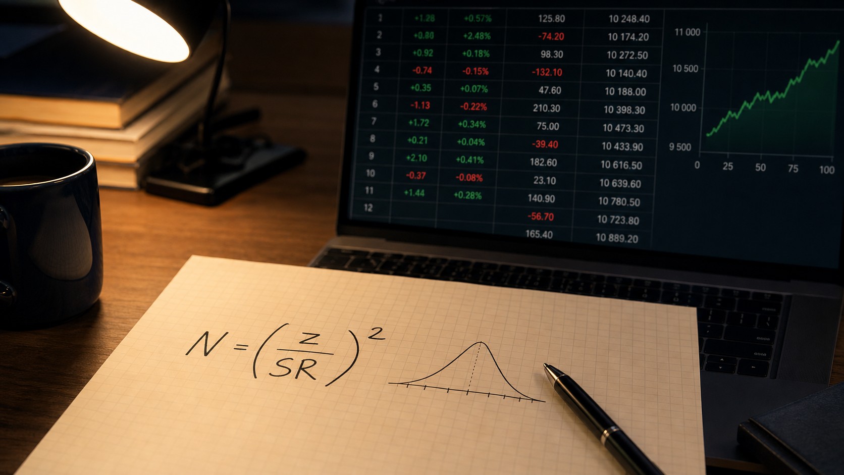 Formule statistique manuscrite N égale z divisé par SR au carré sur un bureau d'analyste, avec un tableau de trades en arrière-plan