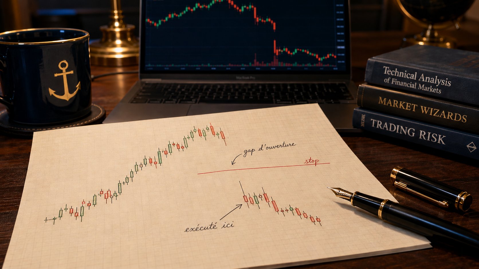 Schéma manuscrit d'un graphique en chandelles avec un gap d'ouverture baissier traversant un stop-loss, sur un bureau d'analyste
