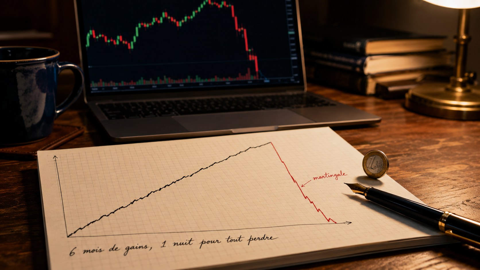 Equity curve manuscrite sur papier crème quadrillé qui monte régulièrement à l'encre noire pendant six mois de gains avant de plonger brutalement à la verticale en rouge, illustrant le profil de risque caché d'une stratégie martingale en trading