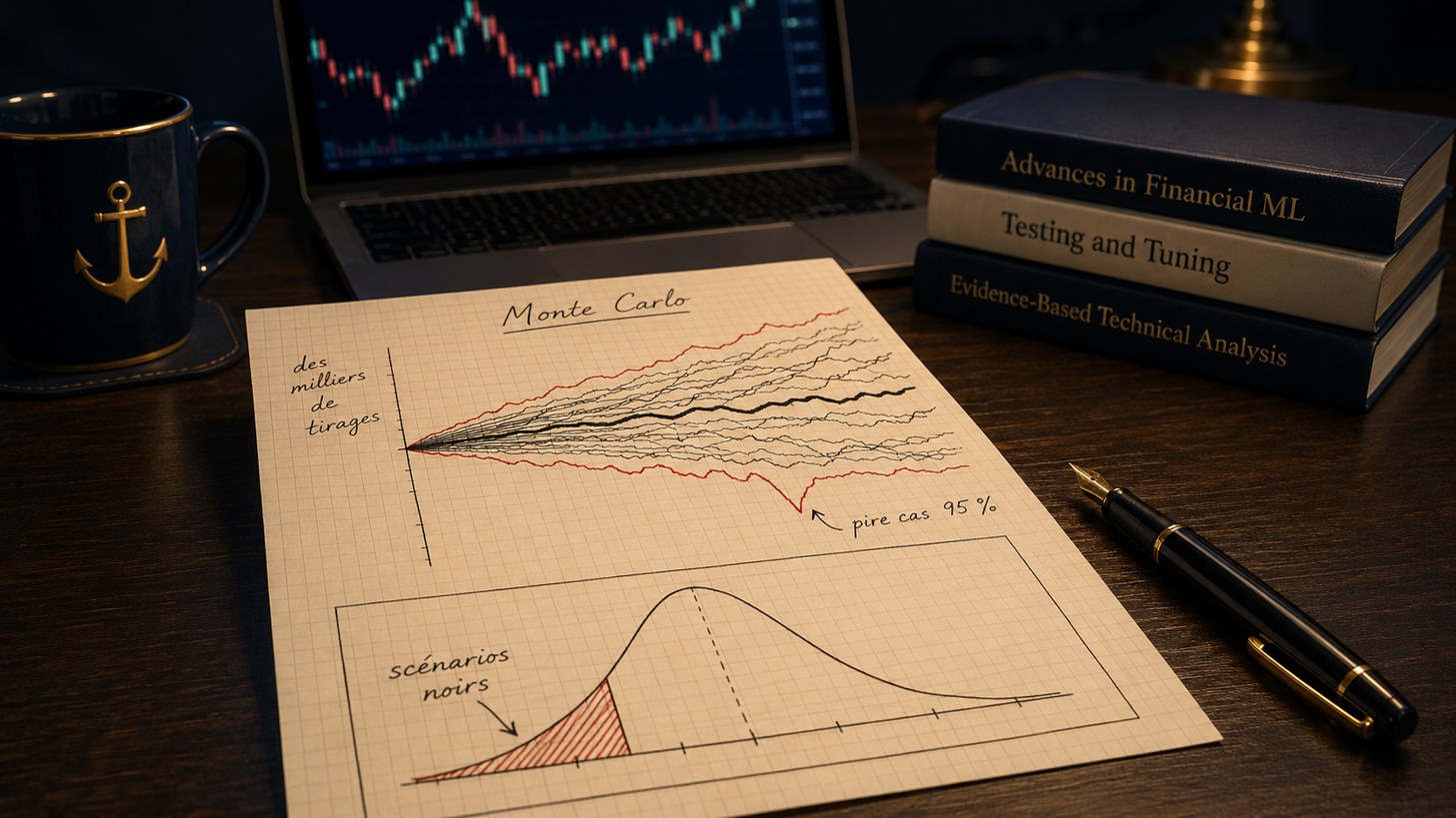 Feuille manuscrite avec un faisceau de courbes de capital et une courbe en cloche illustrant la simulation de Monte Carlo en trading